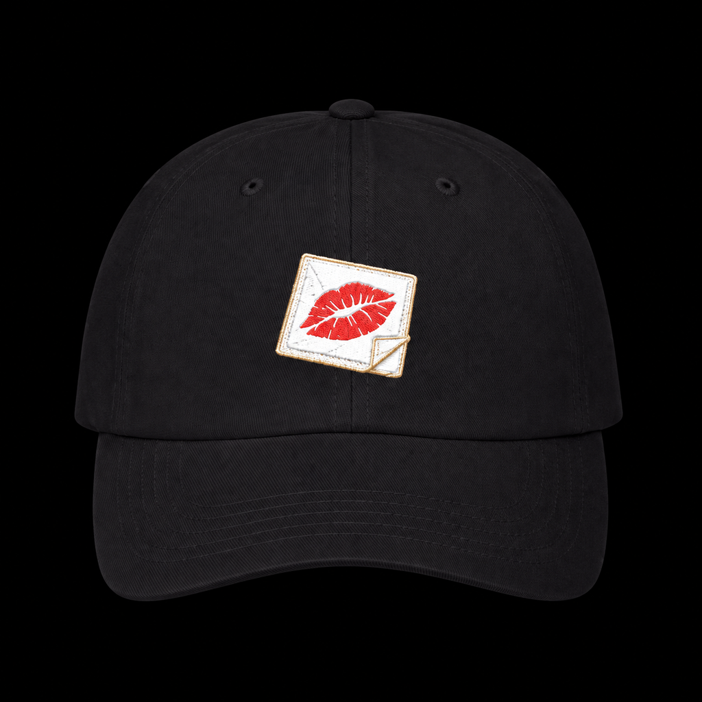 Kiss and Tell Hat — black, front view on a black background