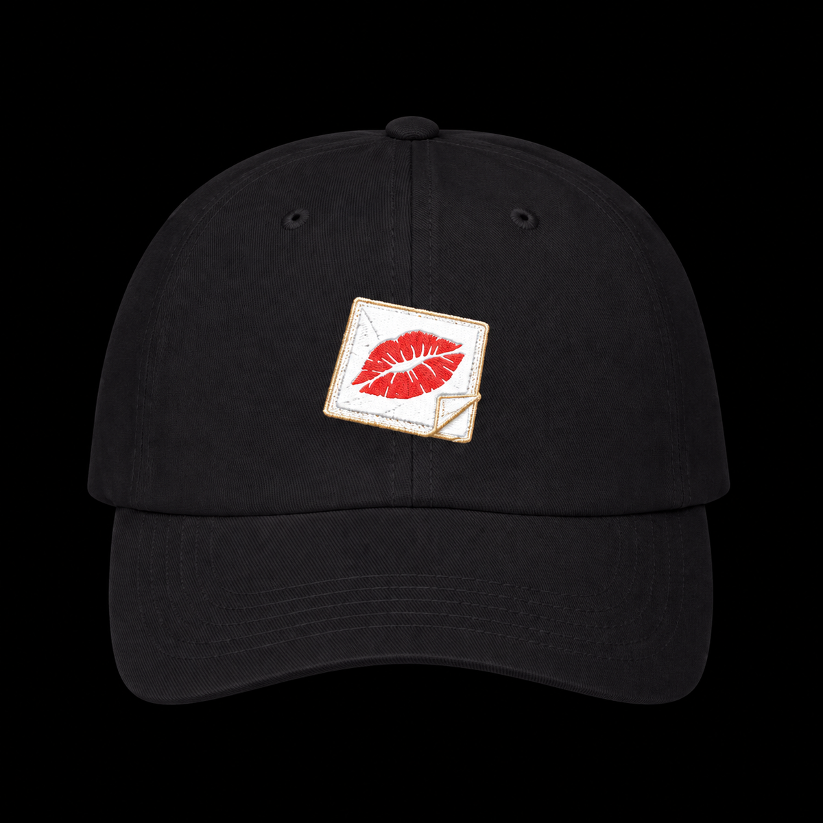 Kiss and Tell Hat — black, front view on a black background