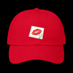 Kiss and Tell Hat — cranberry, front view on a black background