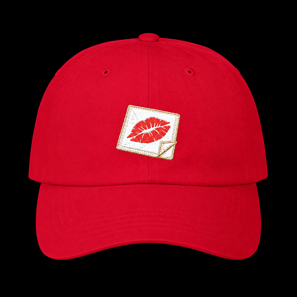 Kiss and Tell Hat — cranberry, front view on a black background